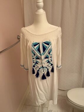 White Off-Shoulder Tunic Dress with Blue Geometric Embroidery